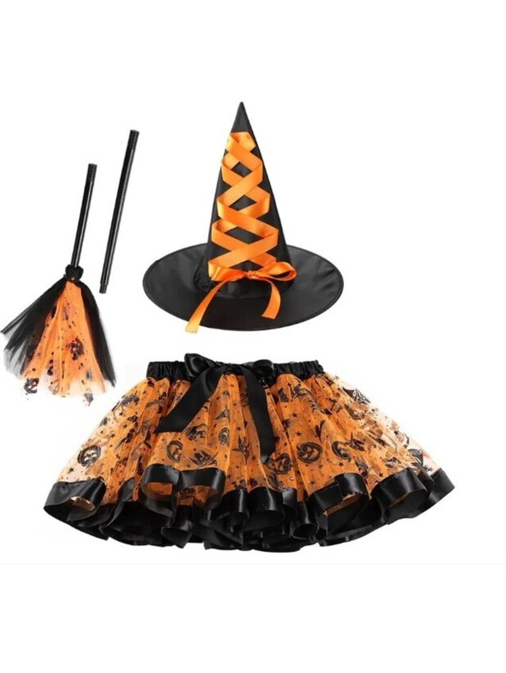 Witch Costume for Kids - Orange Tutu Skirt, Hat & Broom Cosplay Outfit  Girls S